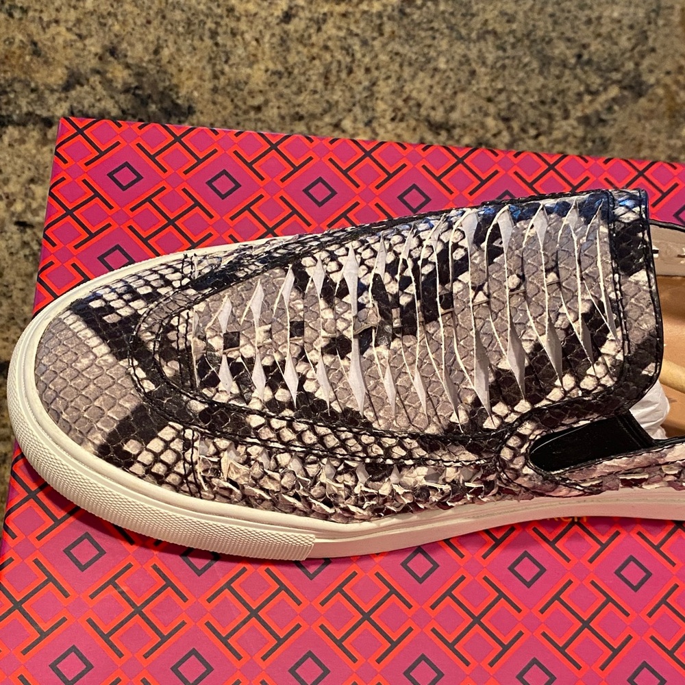 Tory Burch Black and Cream Snake Print Sneakers - Picture 4 of 7